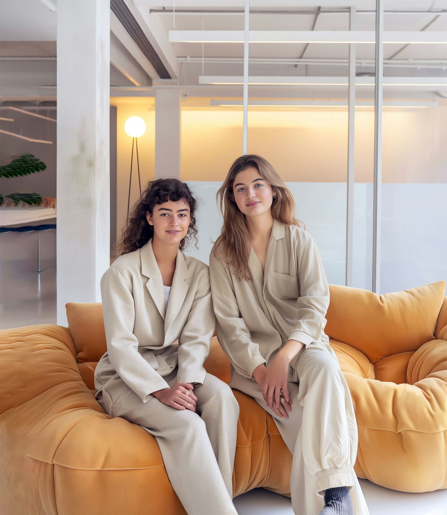 Two Young Women on Mustard Sofa