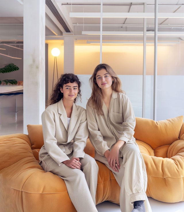 Two Young Women on Mustard Sofa