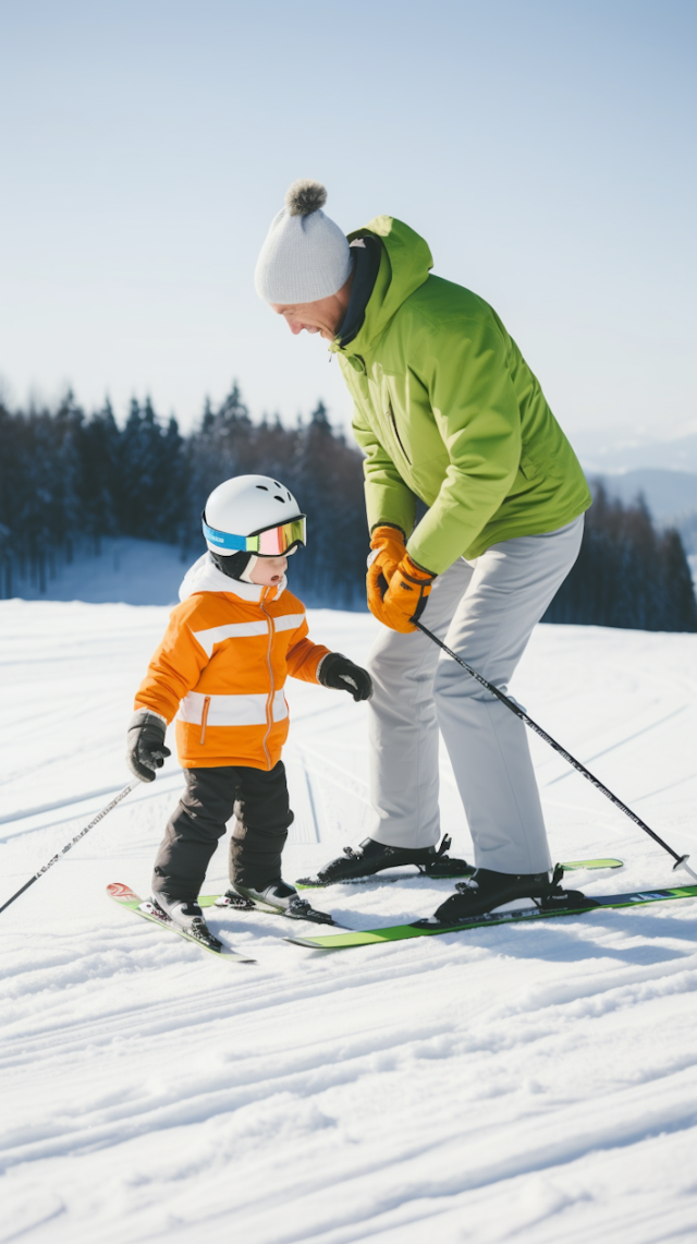 Ski Lesson on a Sunny Snow-covered Slope