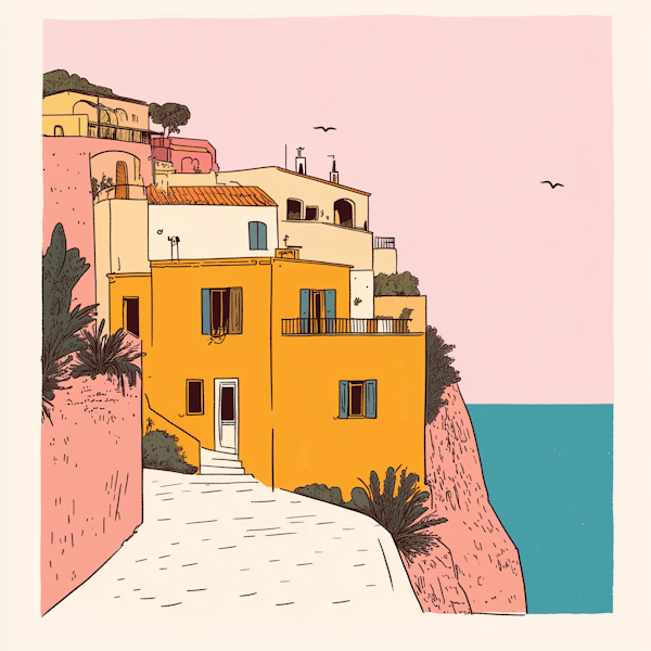 Stylized Mediterranean Seaside Village Illustration