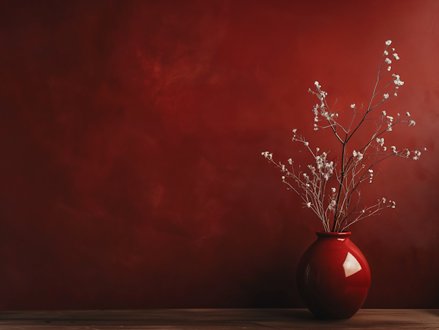 Minimalist Red Vase with White Blossoms