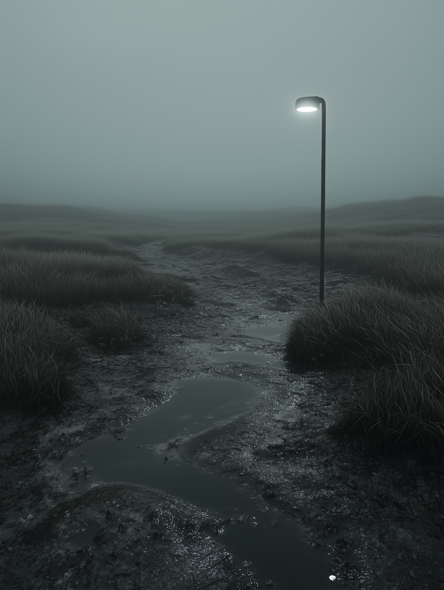 Solitary Streetlamp in Foggy Landscape