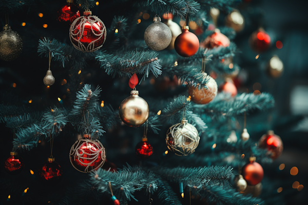 Festive Holiday Splendor: A Close-Up of a Decorated Christmas Tree