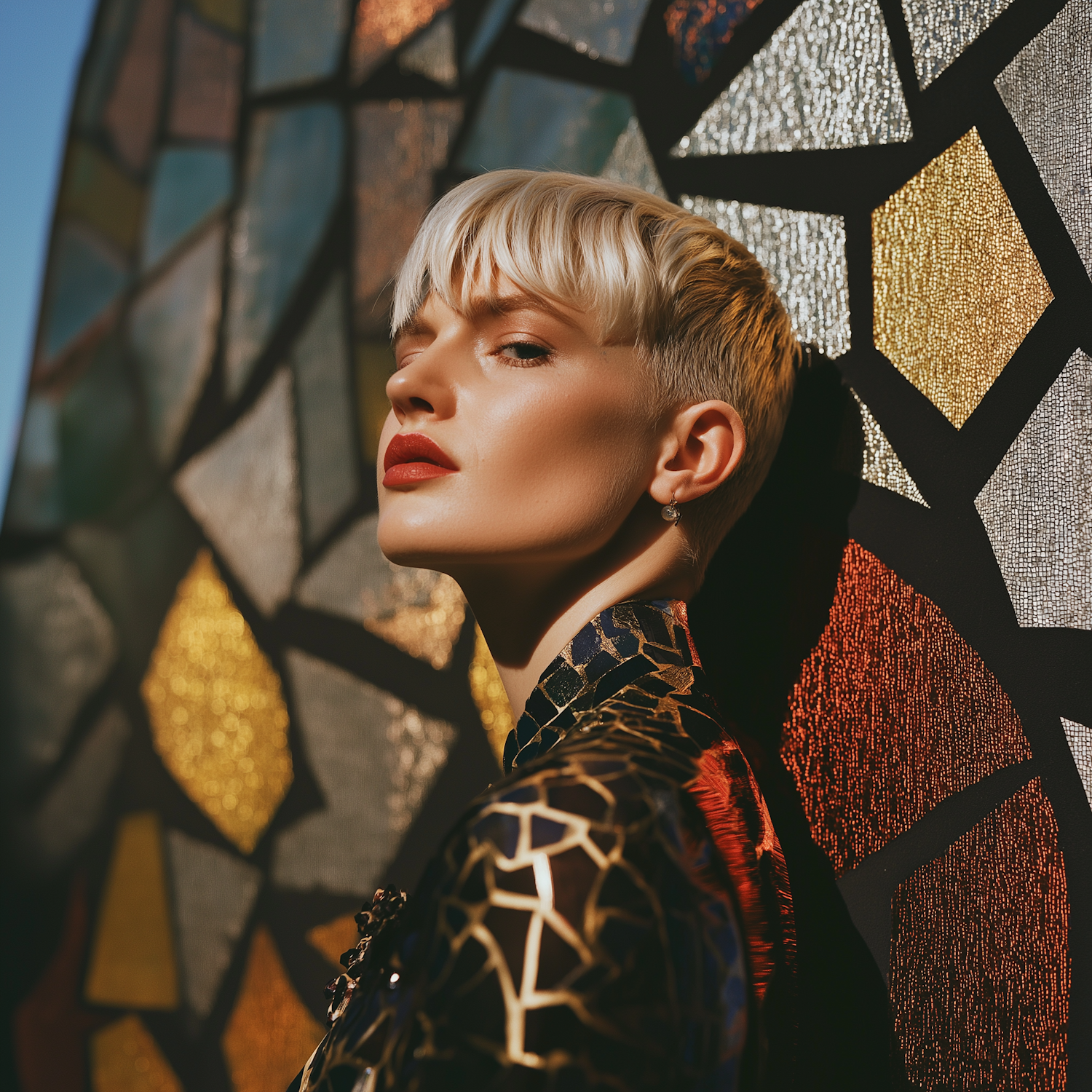 Striking Portrait of Blonde Woman with Mosaic Background