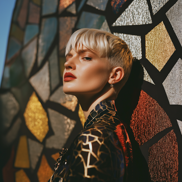 Striking Portrait of Blonde Woman with Mosaic Background