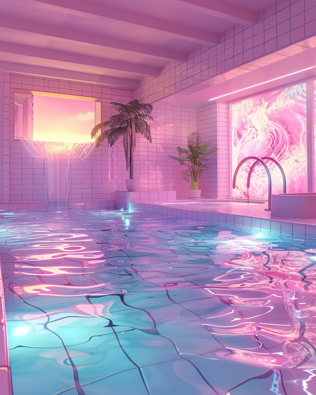 Futuristic Spa Interior at Sunset