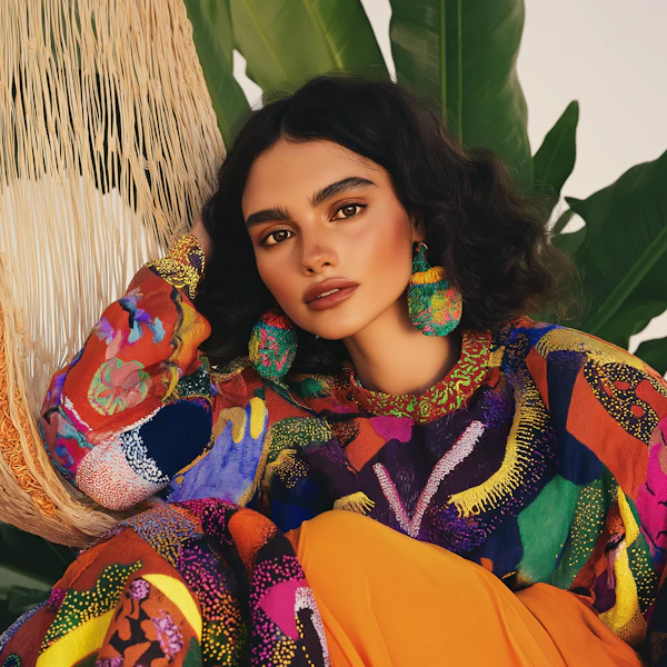 Woman in Vibrant Outfit with Tropical Background