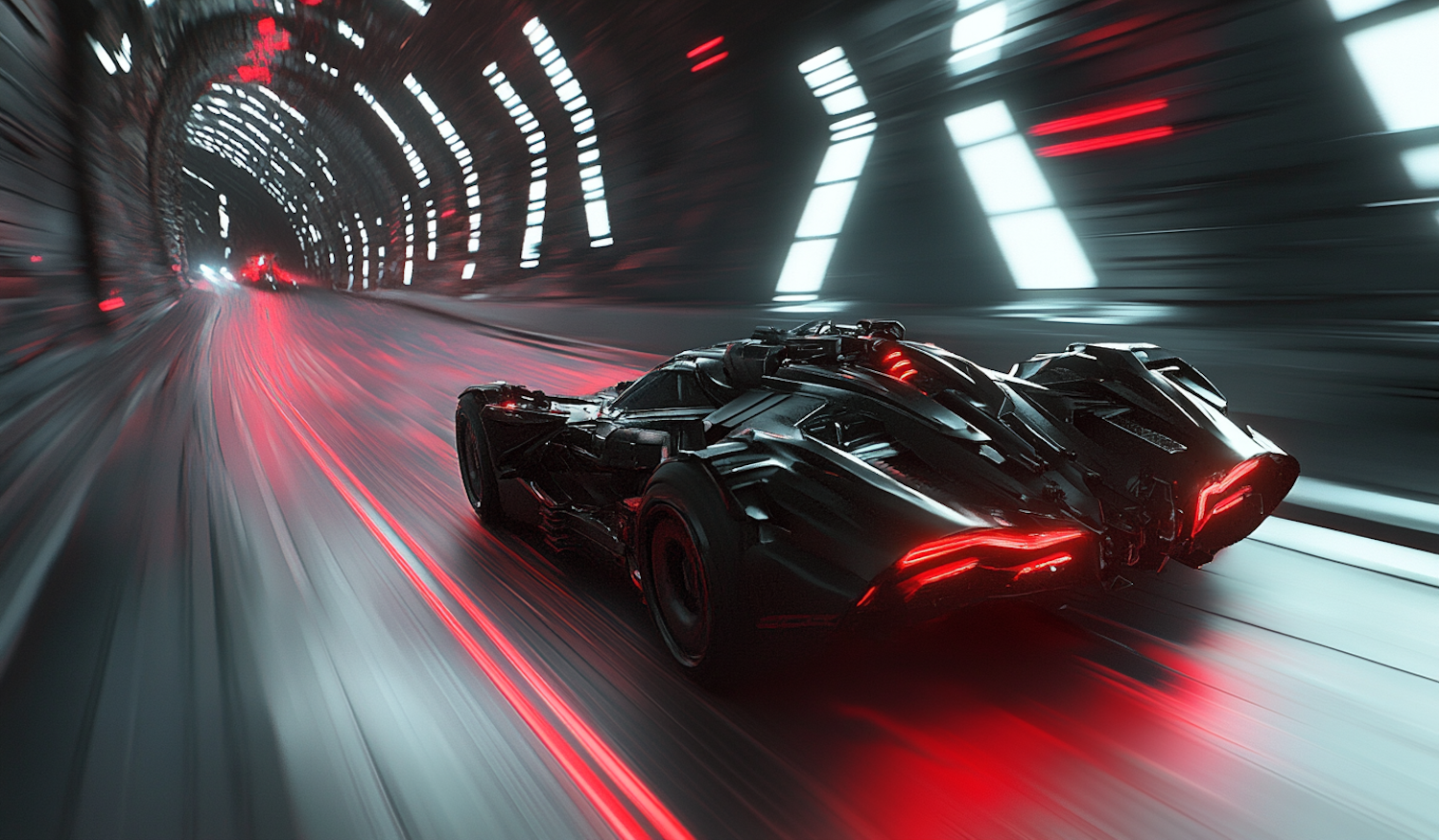 Futuristic Car Racing Through Illuminated Tunnel