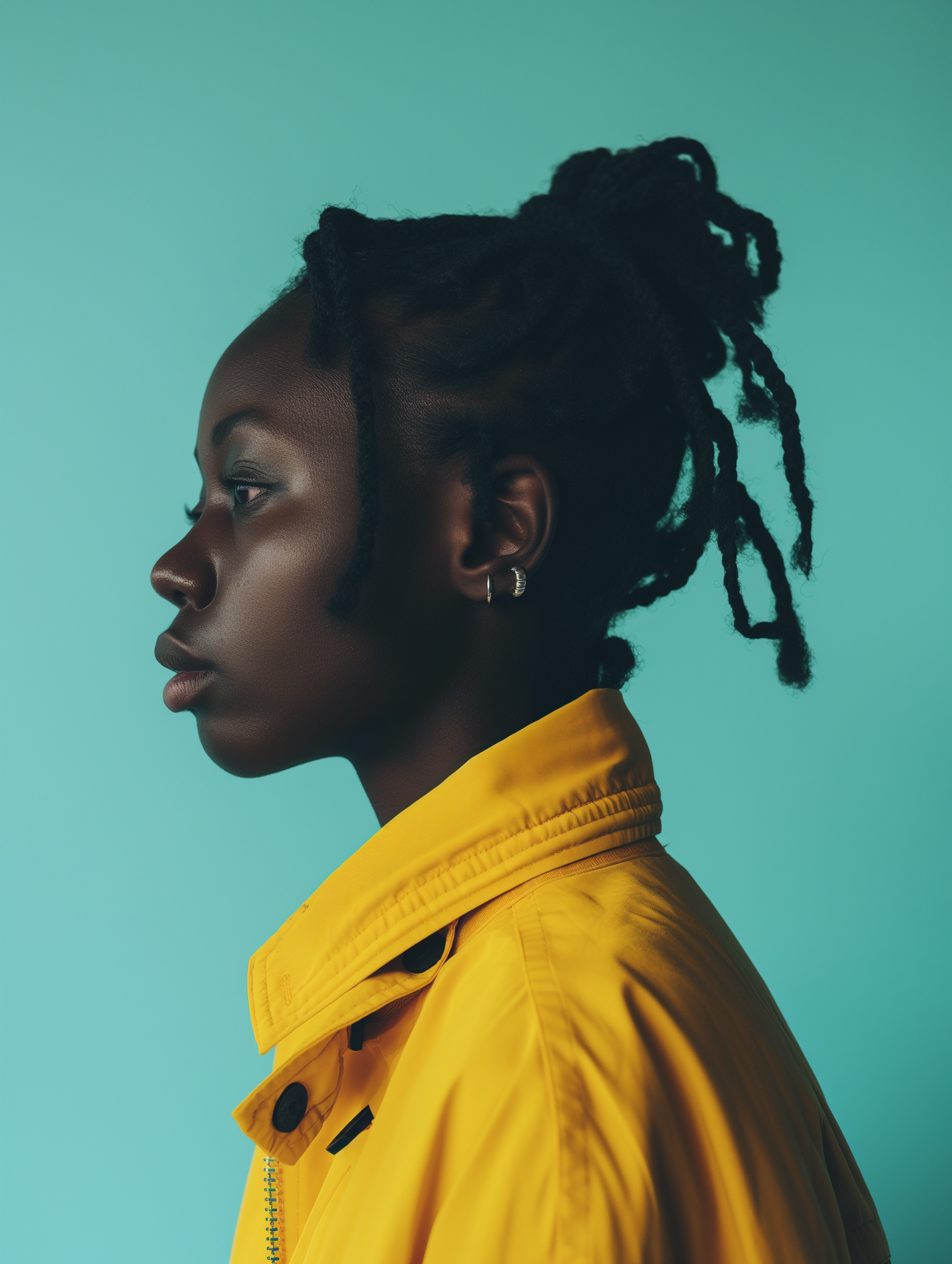 Contemplative Profile of a Woman in Yellow Jacket