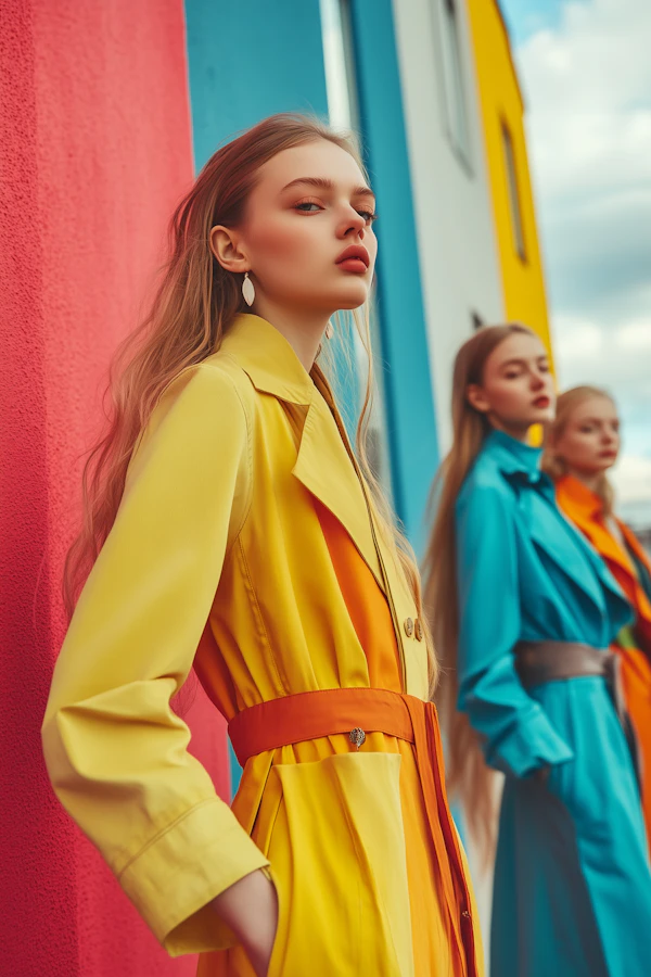 Vibrant Fashion Against Multicolored Wall