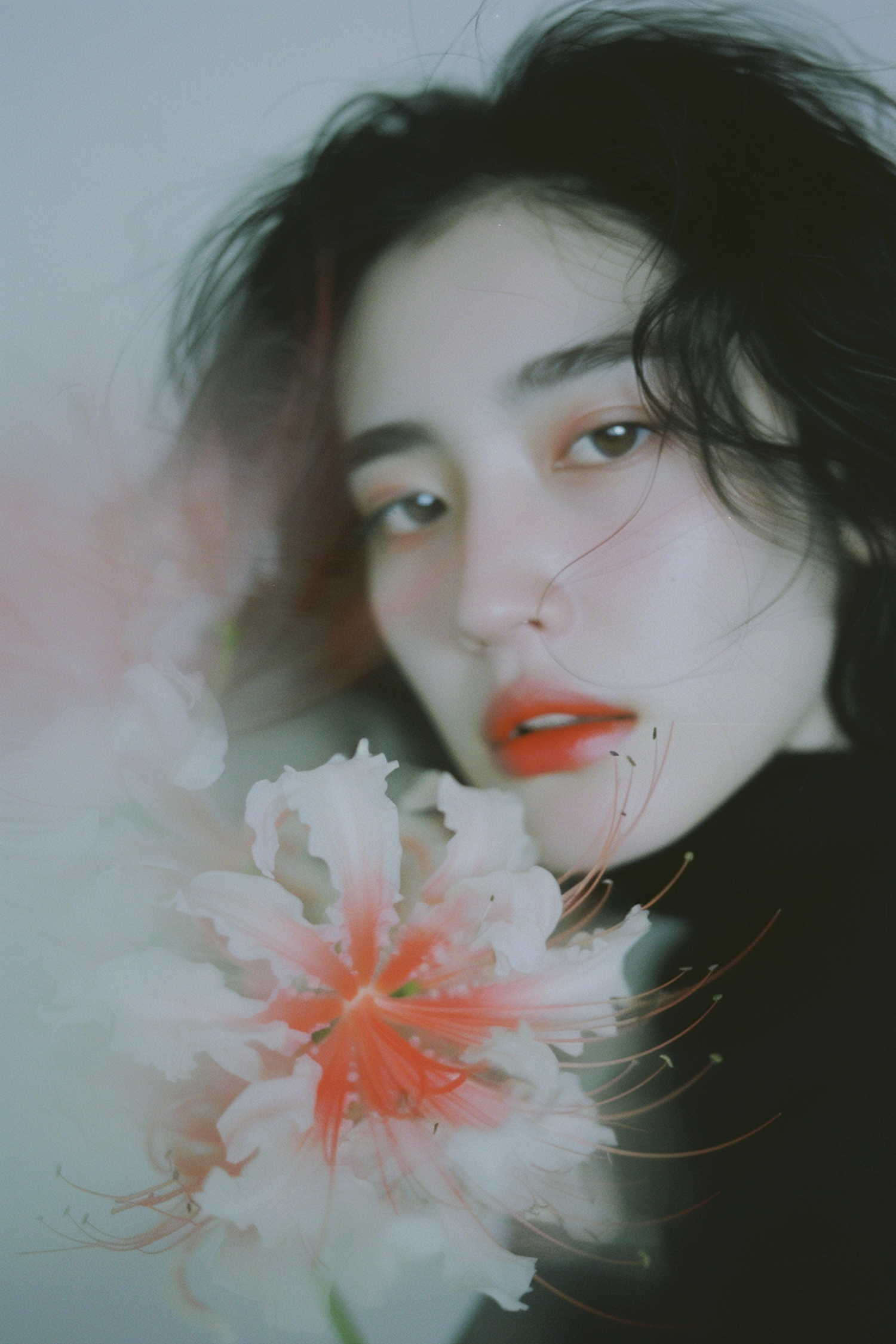 Contemplative Young Woman with Floral Surroundings