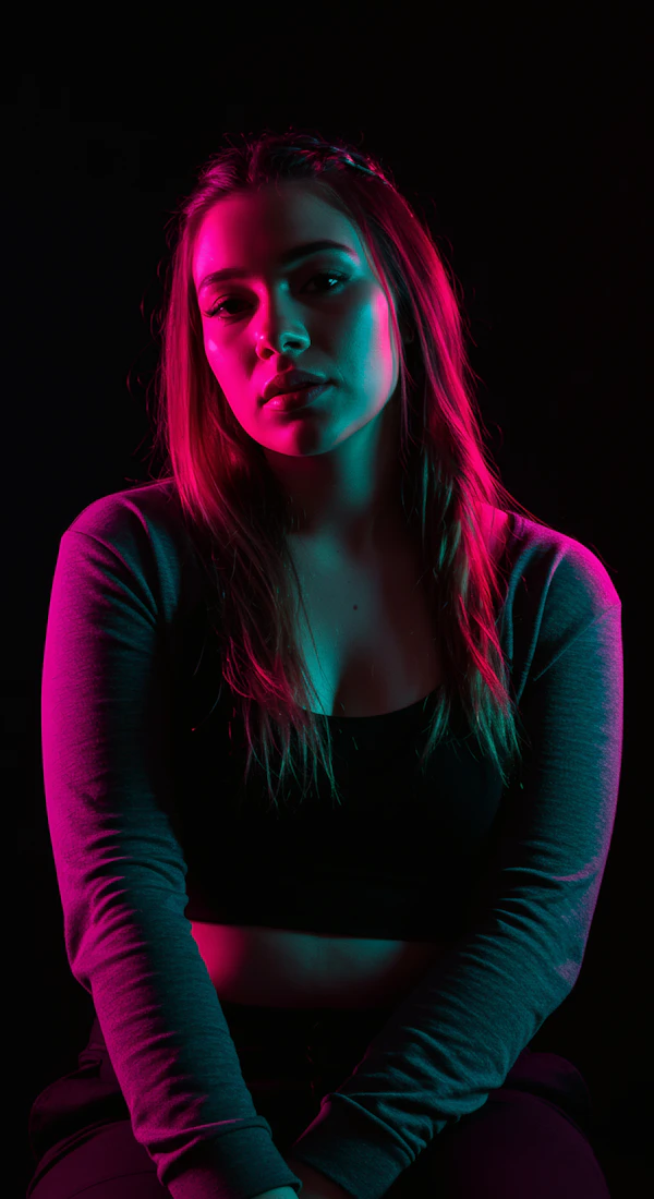 Contemplative Woman in Vibrant Lighting