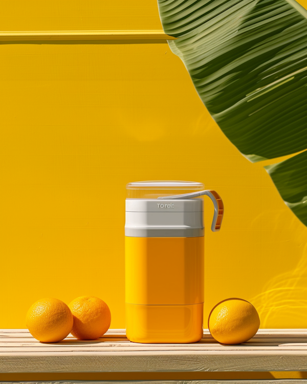 Bright Orange Thermos and Oranges on Wooden Surface