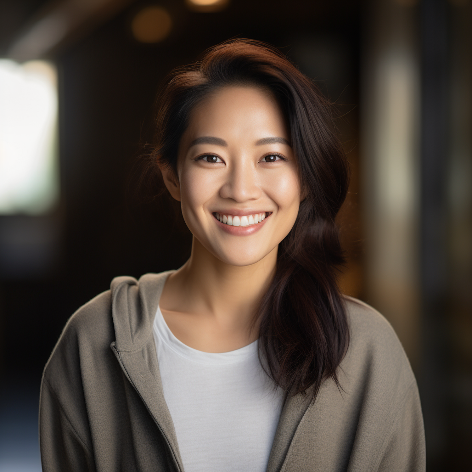 Radiant Smile Asian Woman in Casual Hoodie