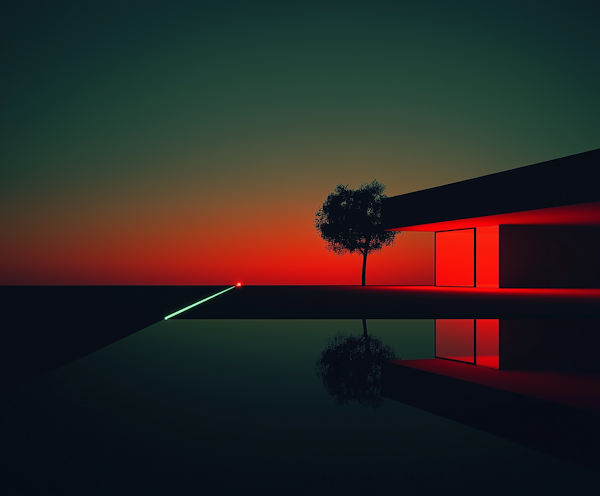 Red Sunset Reflection with Tree and Modern Structure