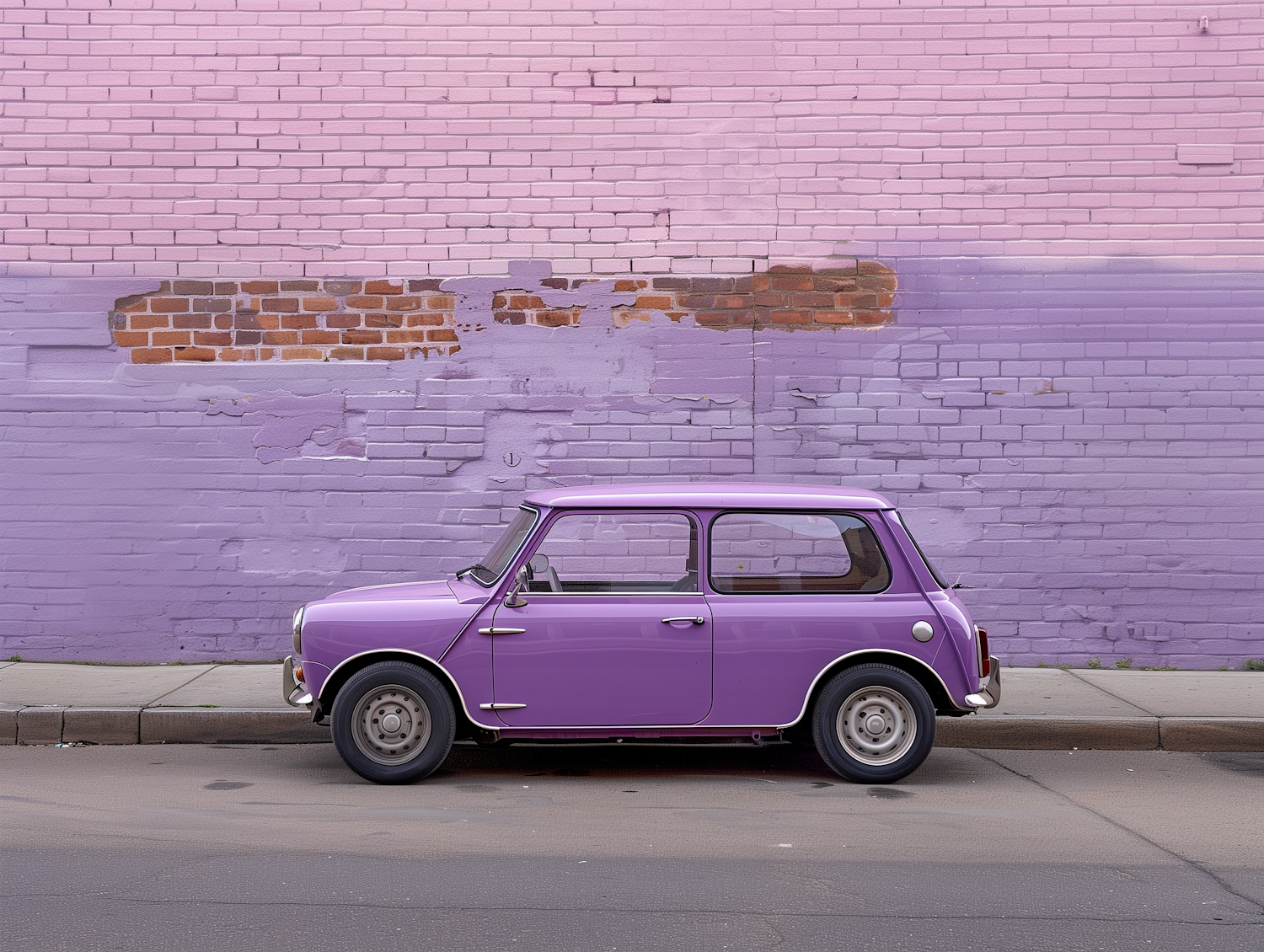 Purple Mini Cooper Against Vibrant Purple Brick Wall