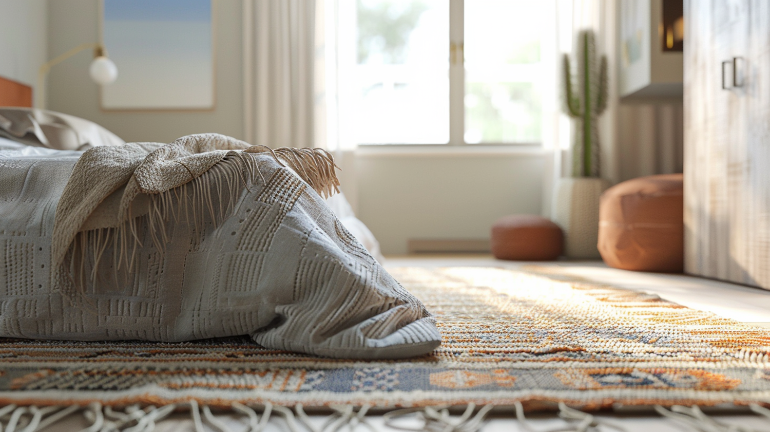 Serene Bedroom Interior with Knitted Blanket