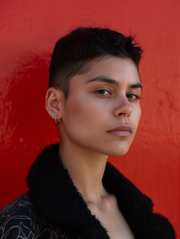 Contemplative Portrait Against Red Backdrop
