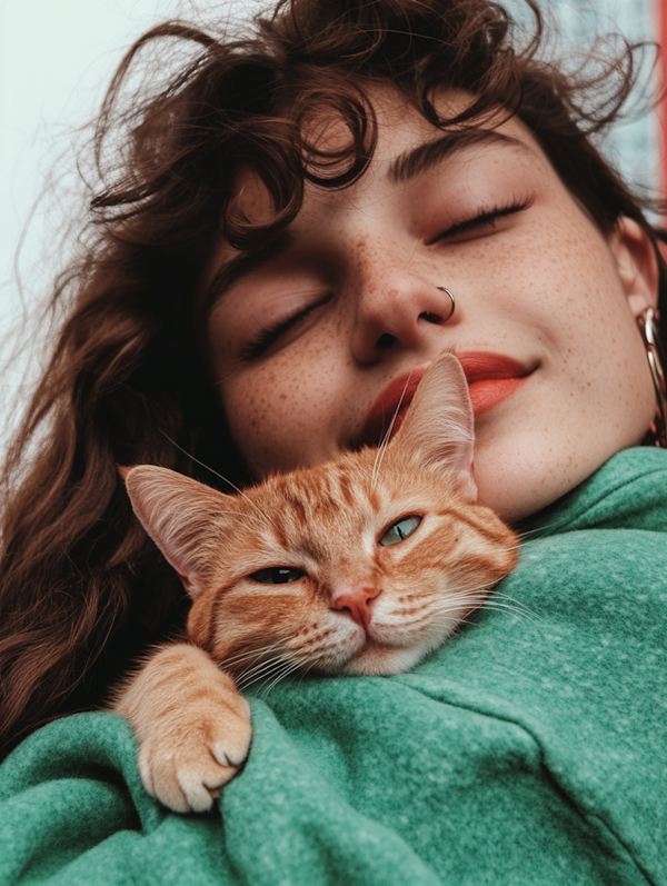 Person with Cat in Green Blanket