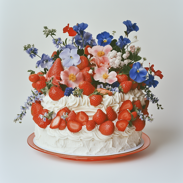 Decorated Cake with Strawberries and Flowers