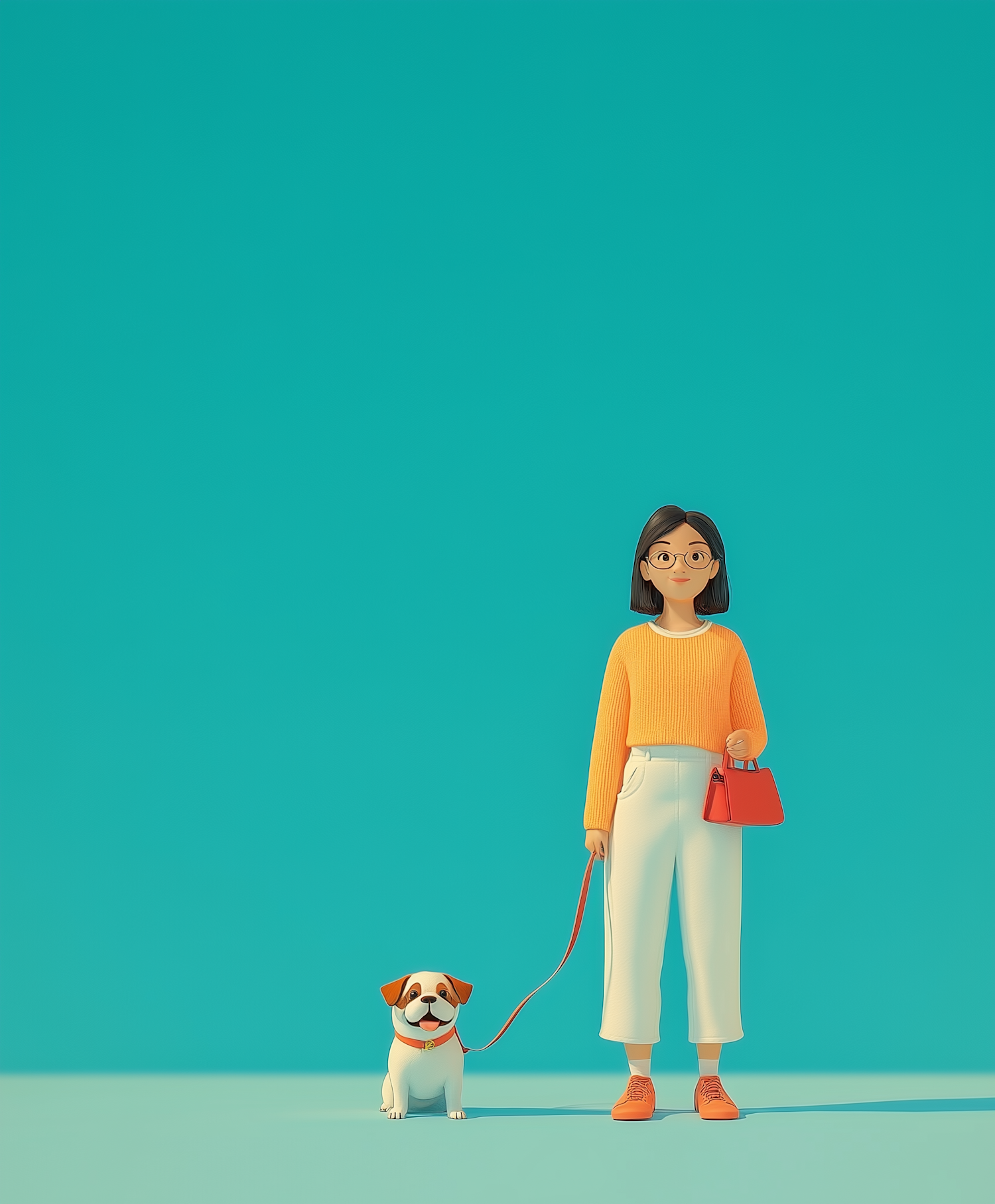 Woman with Dog on Teal Background