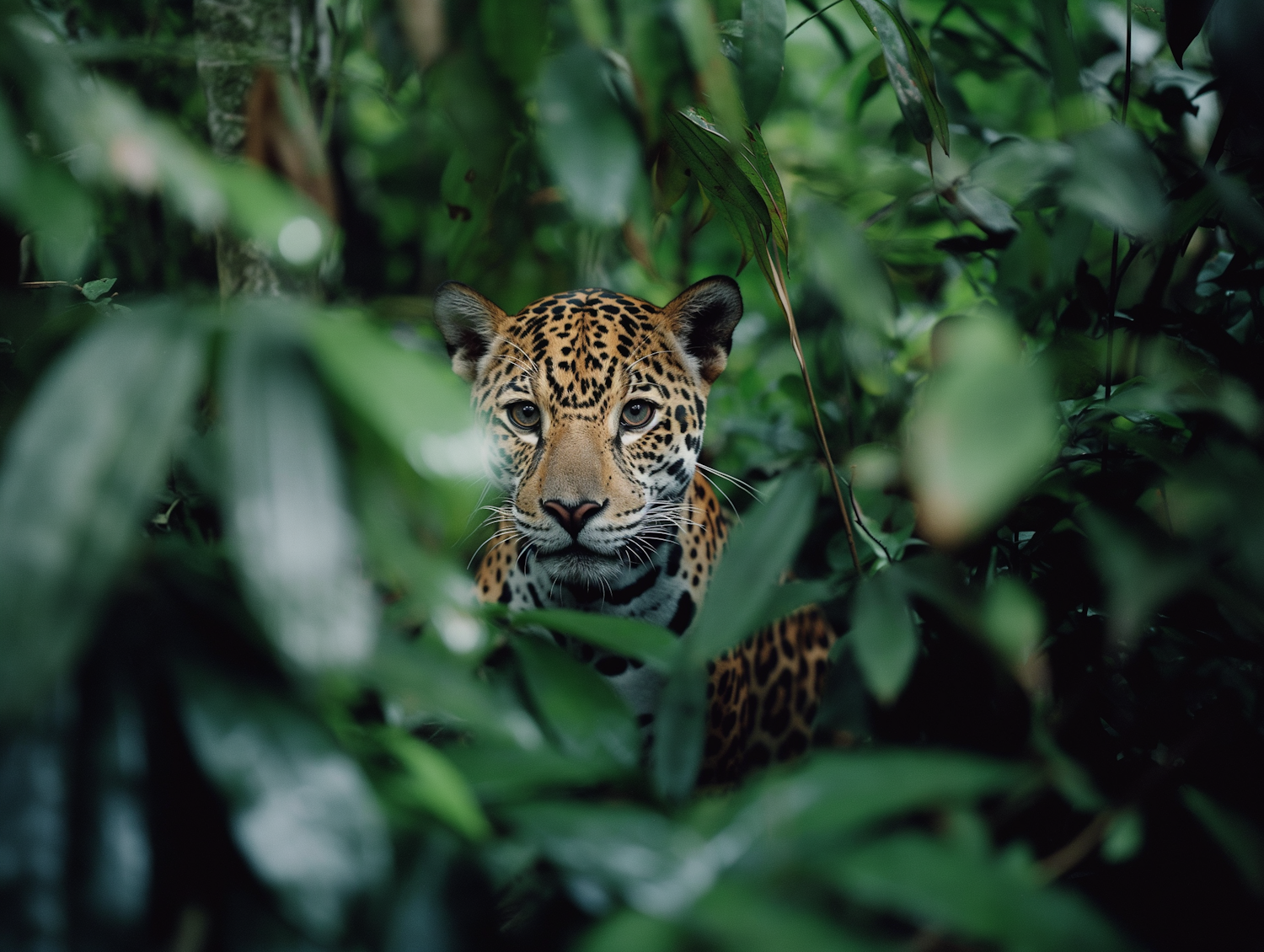 Jaguar Peeking Through Rainforest Leaves