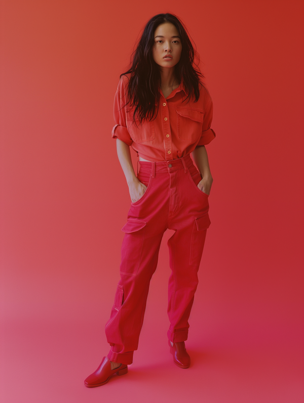 Monochromatic Red Outfit Against Red Background