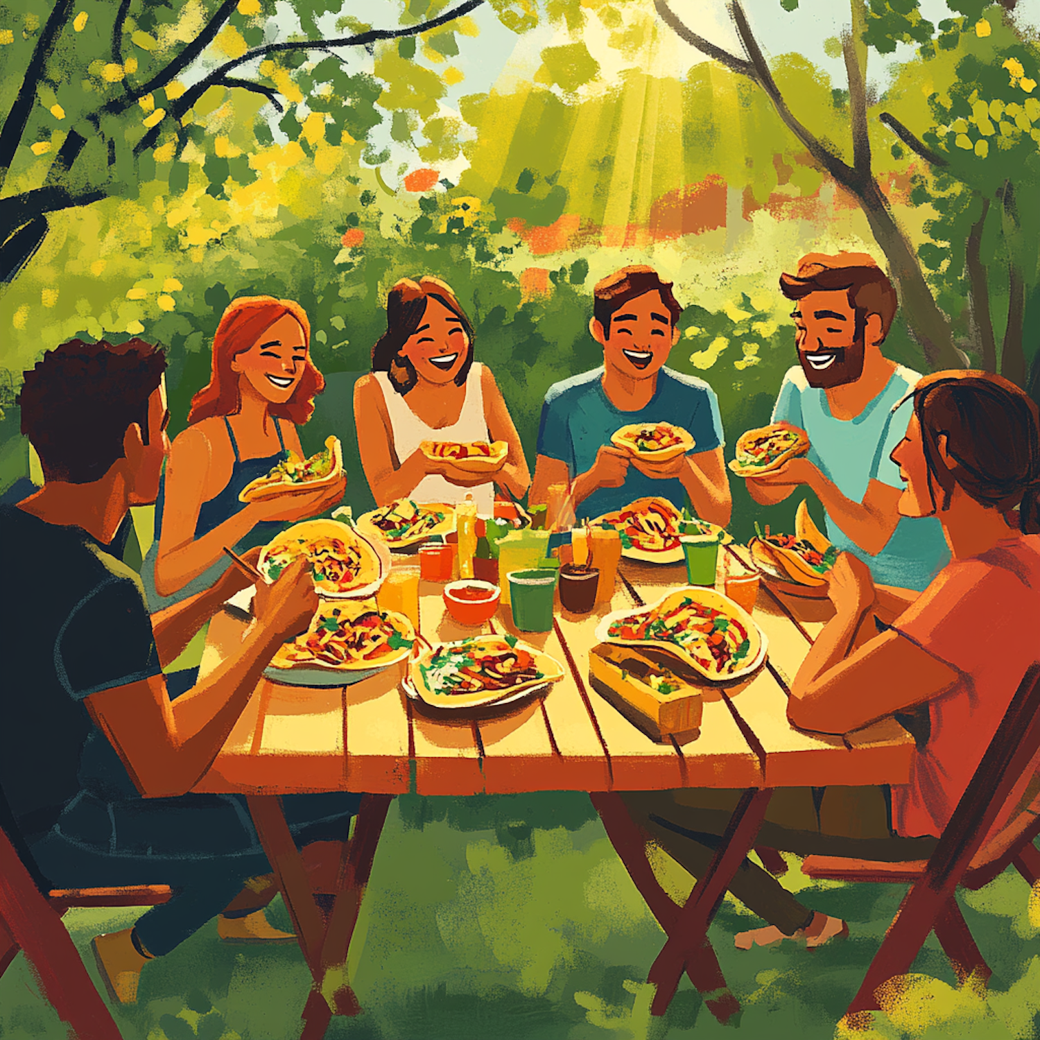 Outdoor Friends Gathering at Mealtime