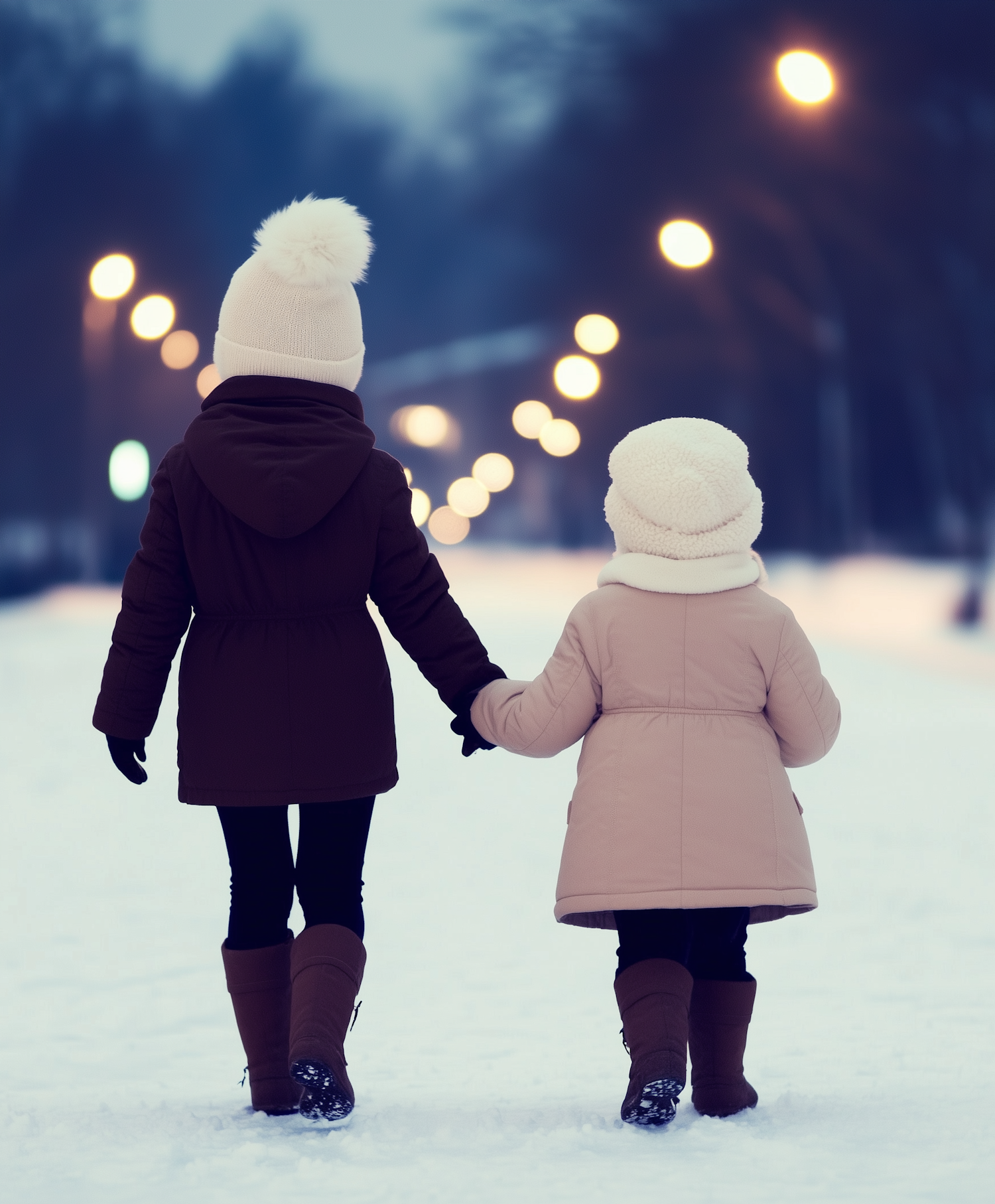 Children Walking in Winter Twilight