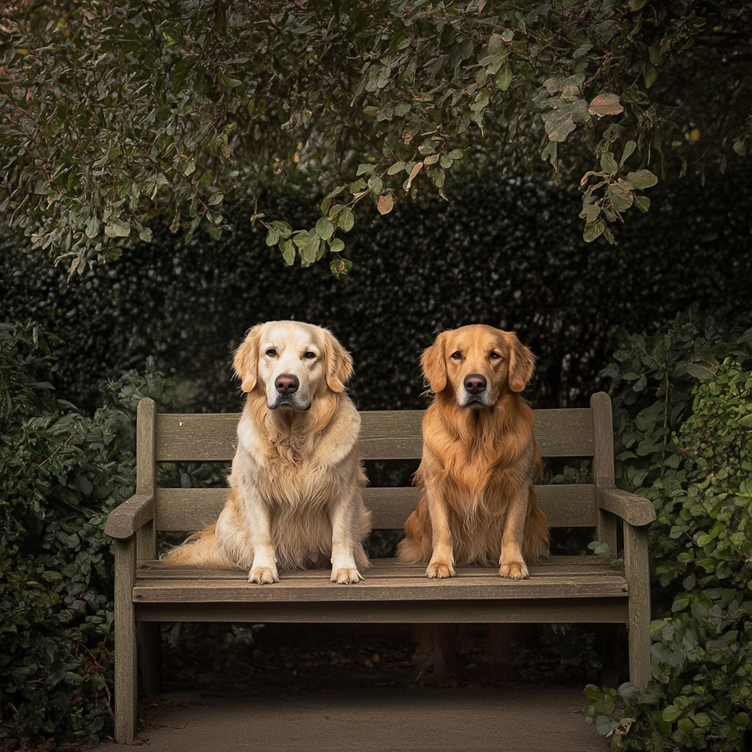 Golden Retrievers on Bench