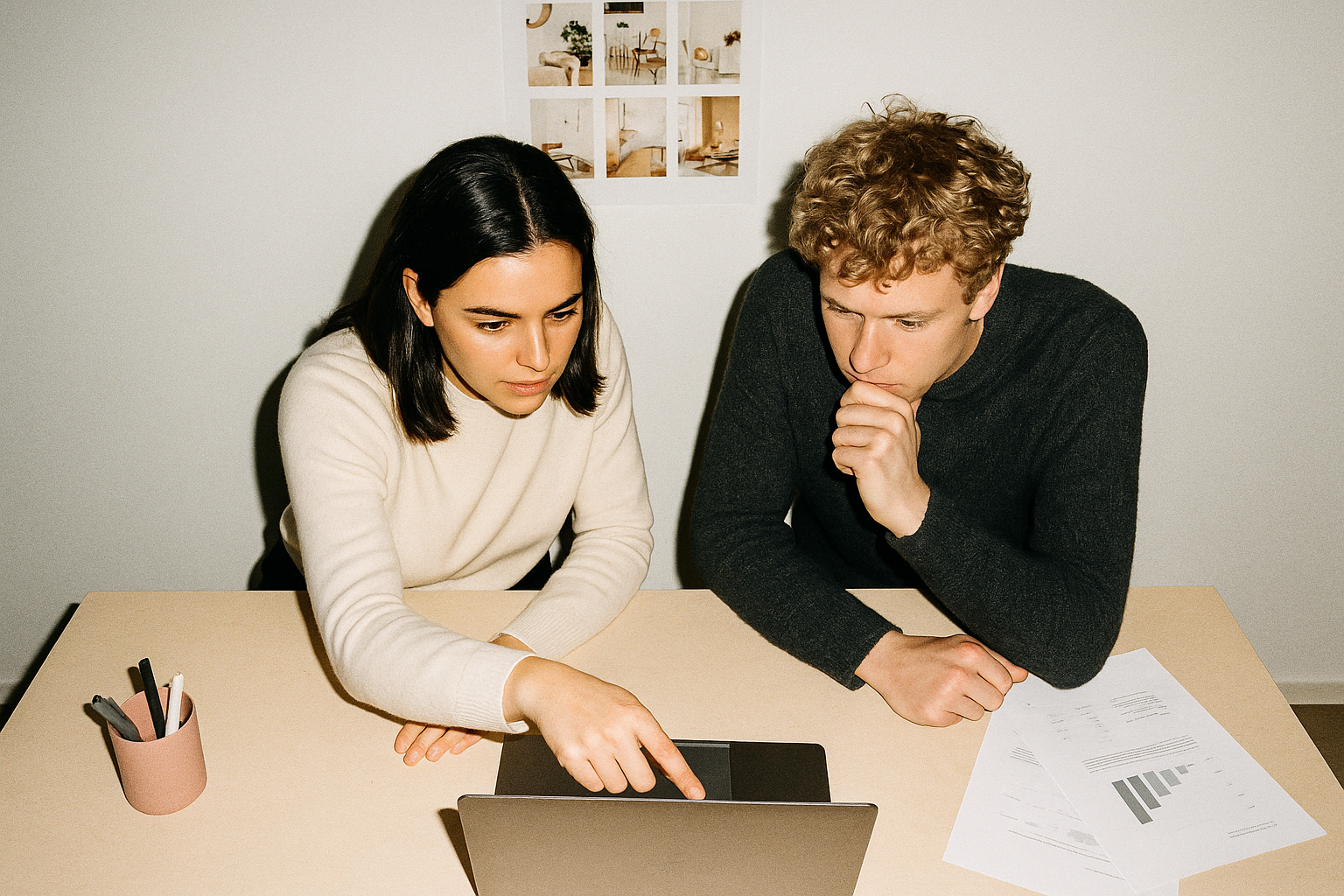 Dos personas colaboran ante una laptop, con hojas impresas sobre el escritorio.