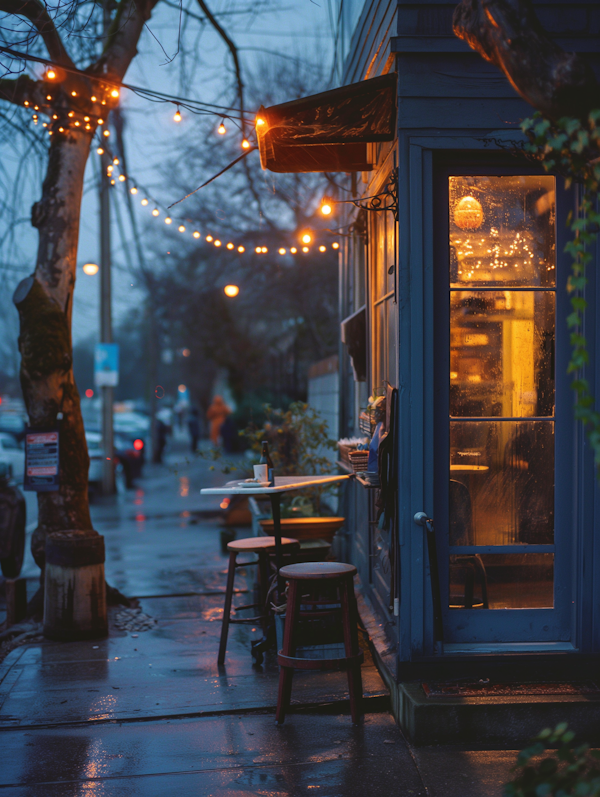 Cozy Twilight Street Scene with Café