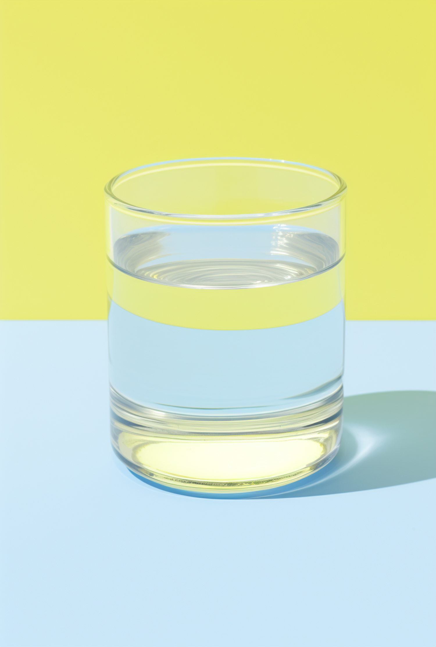 Tranquil Duality: Half-Filled Glass Against Split-Color Backdrop