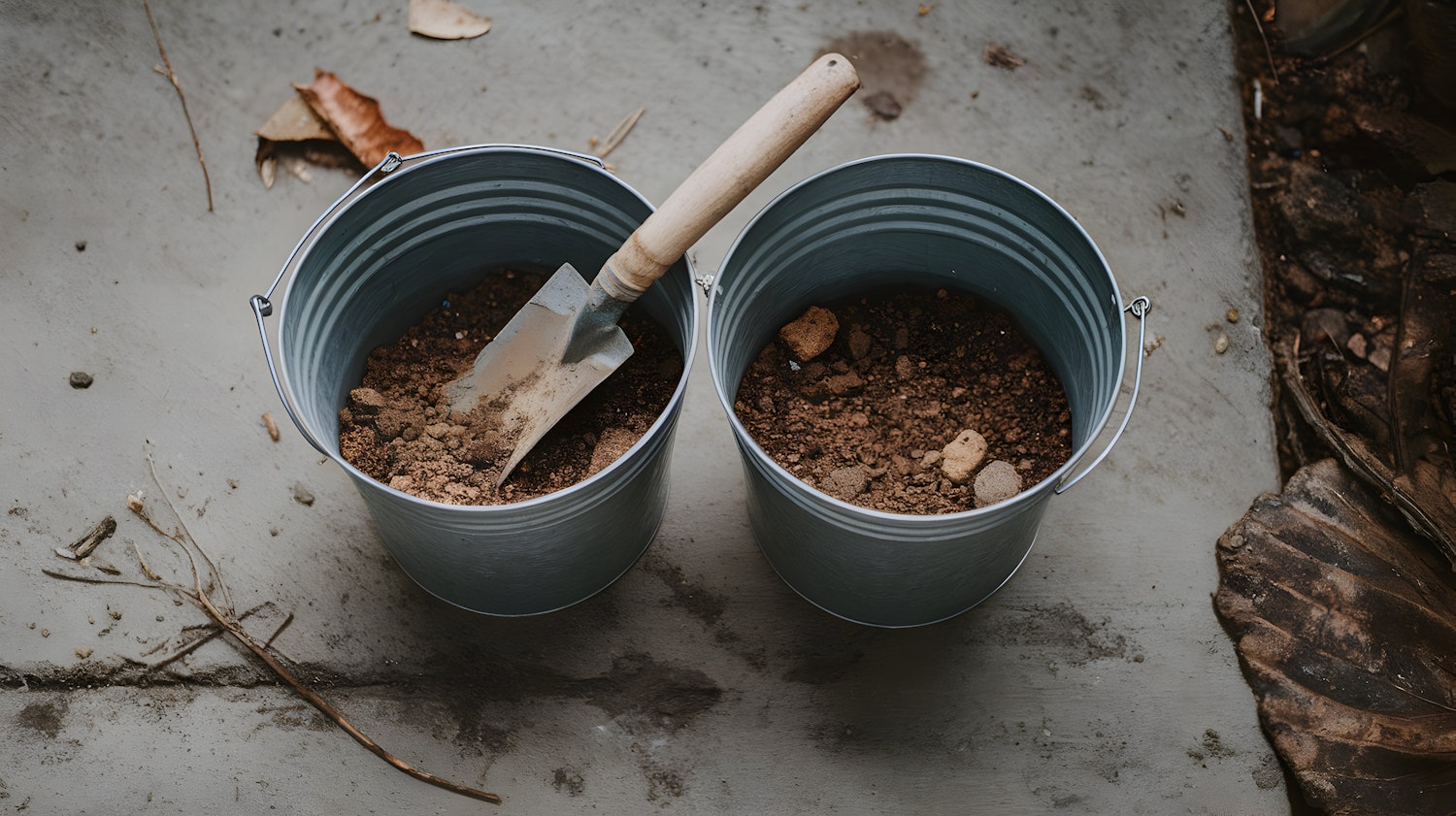 Gardening Scene with Buckets and Trowel