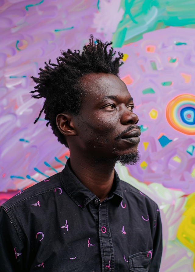 Contemplative Man against Abstract Art Backdrop