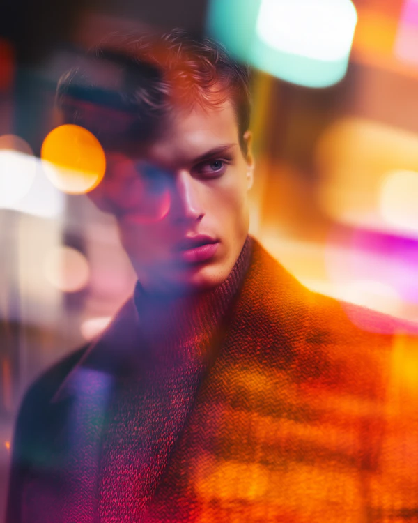 Contemplative Young Man in Abstract Cityscape