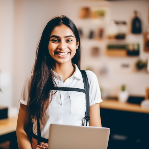 Joyful South Asian Professional with Laptop