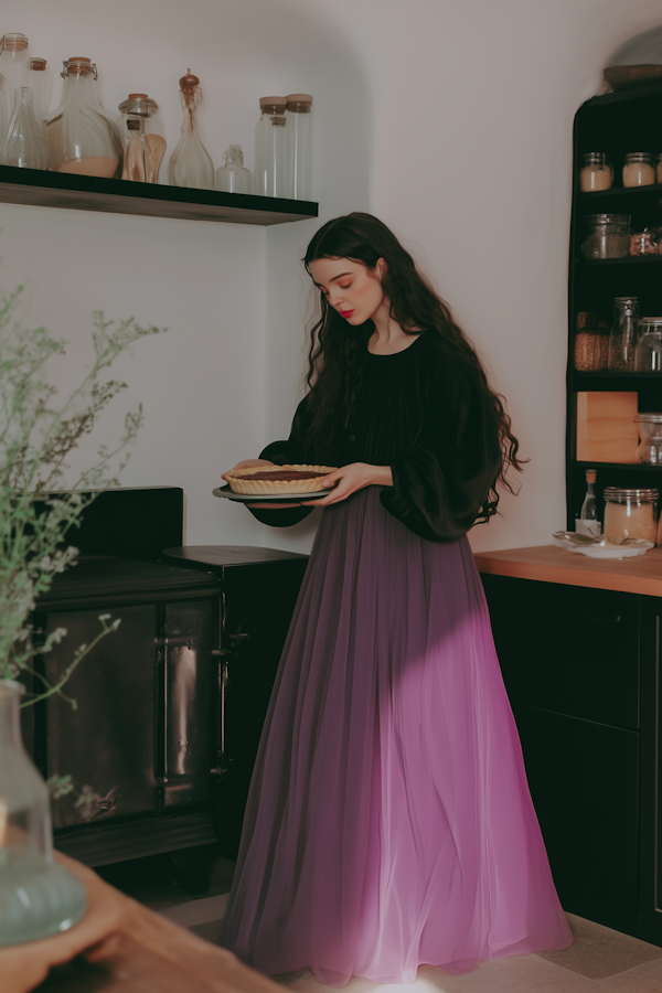 Woman with Pie in Cozy Kitchen