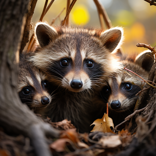 Twilight Trio: Curious Raccoons in Serene Woods