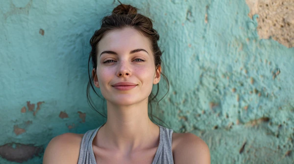 Serene Young Woman Against Turquoise Wall