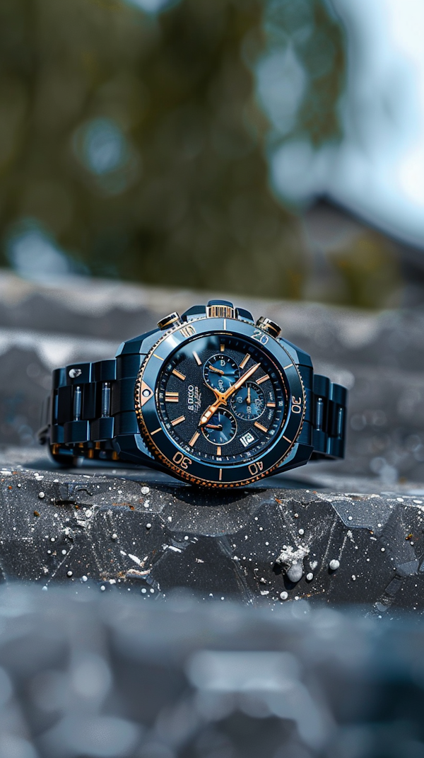 Luxurious Dark Blue and Gold Watch on Wet Surface