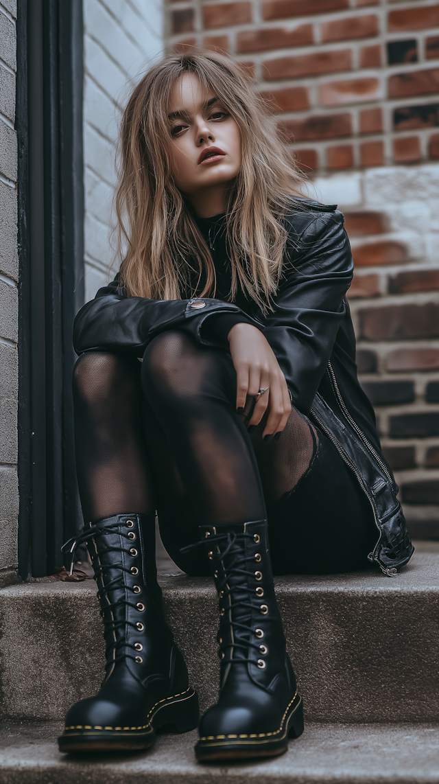 Young Woman on Concrete Steps