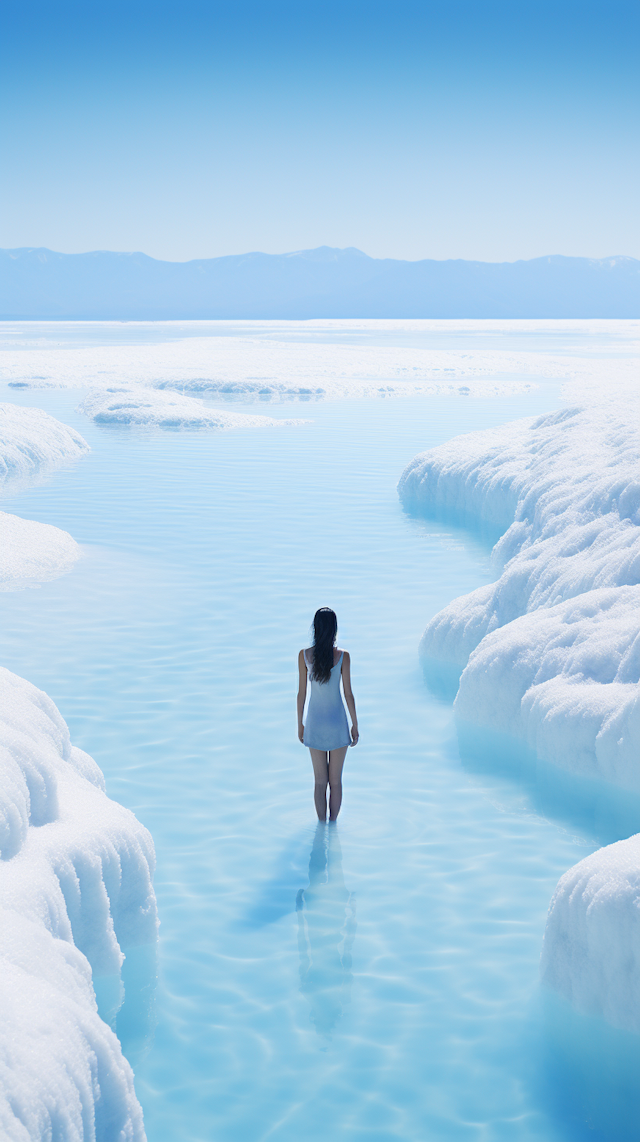 Azure Serenity: Woman Entering Salt Lake