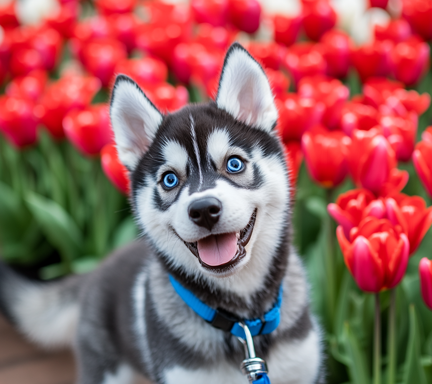 Joyful Husky in Tulip Field