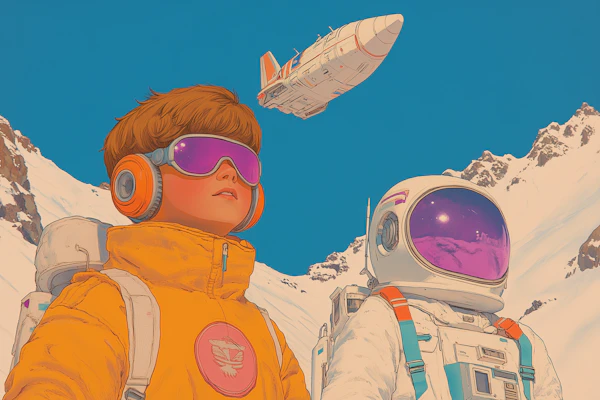 Young Explorer and Astronaut in Snowy Mountains