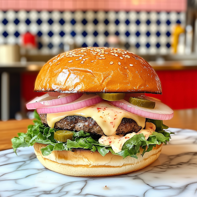 Appetizing Hamburger on Marble Tabletop