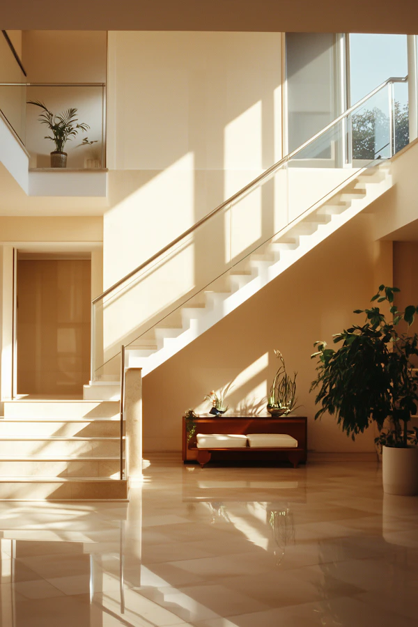 Modern Sunlit Interior with Sleek Staircase