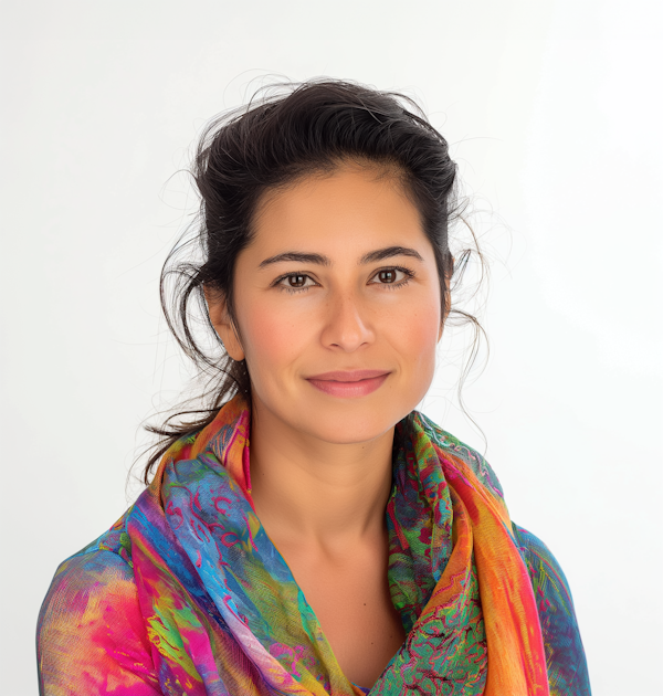 Portrait of a Smiling Woman with Multicolored Scarf