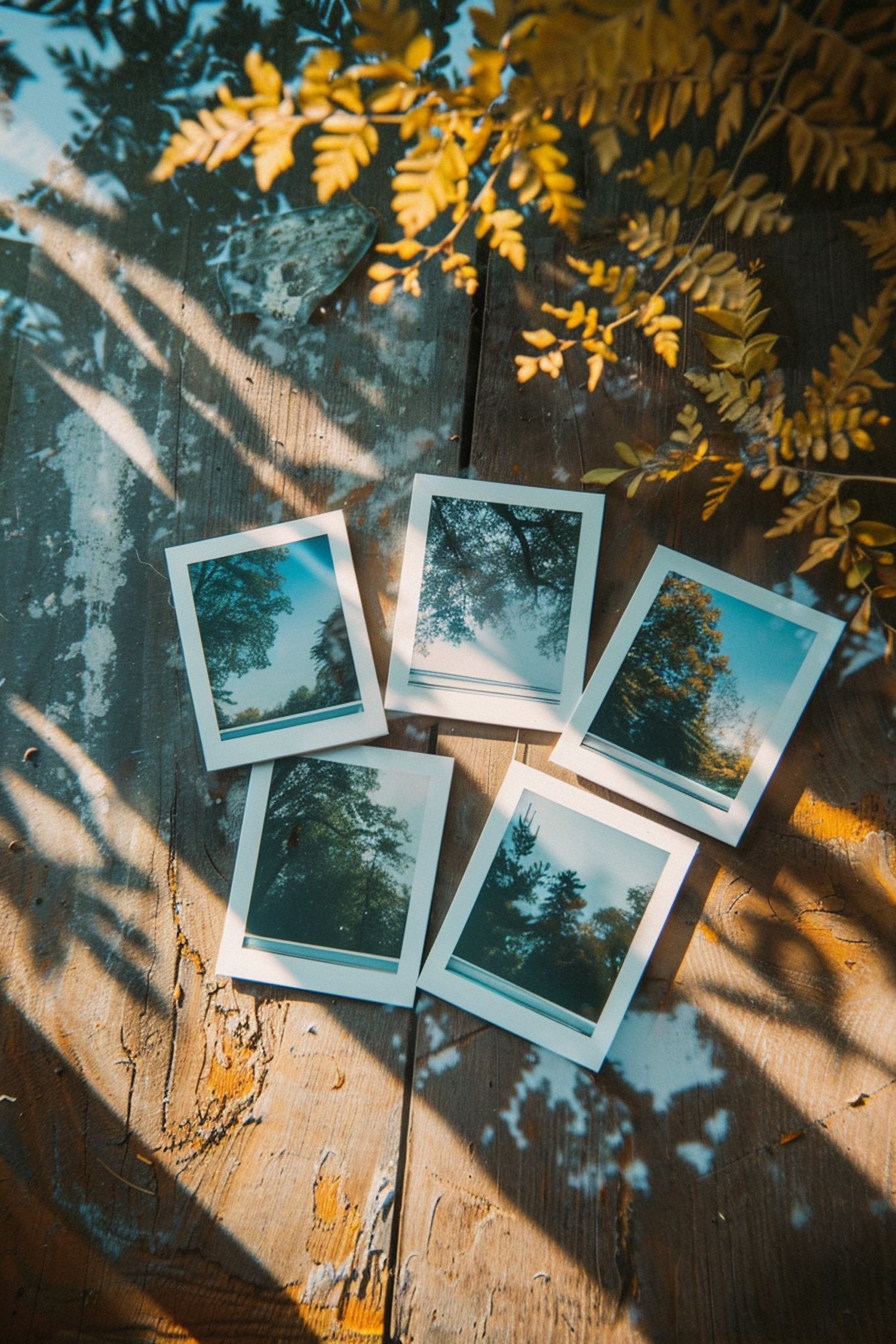 Polaroids of Nature on Wooden Surface