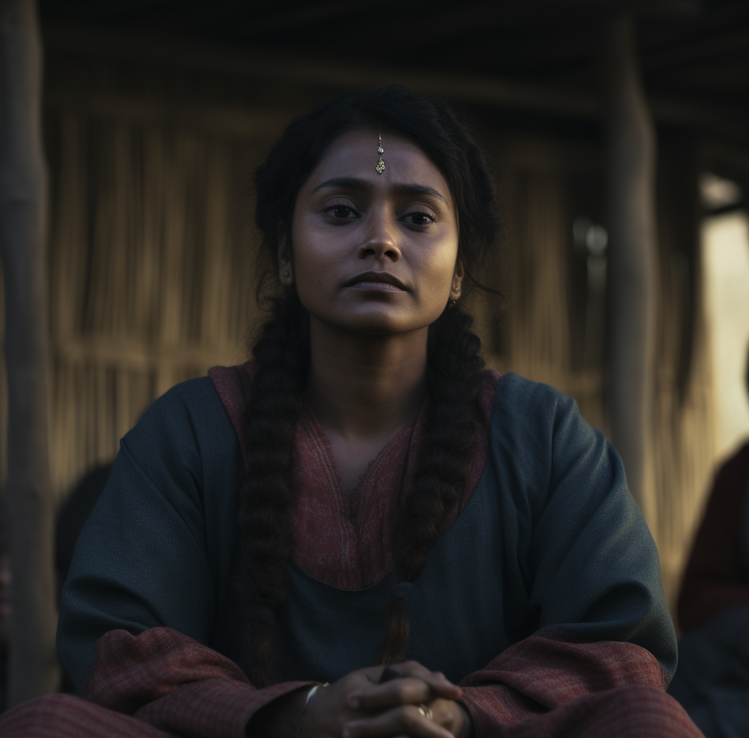 Contemplative South Asian Woman with Braided Hair and Bindi